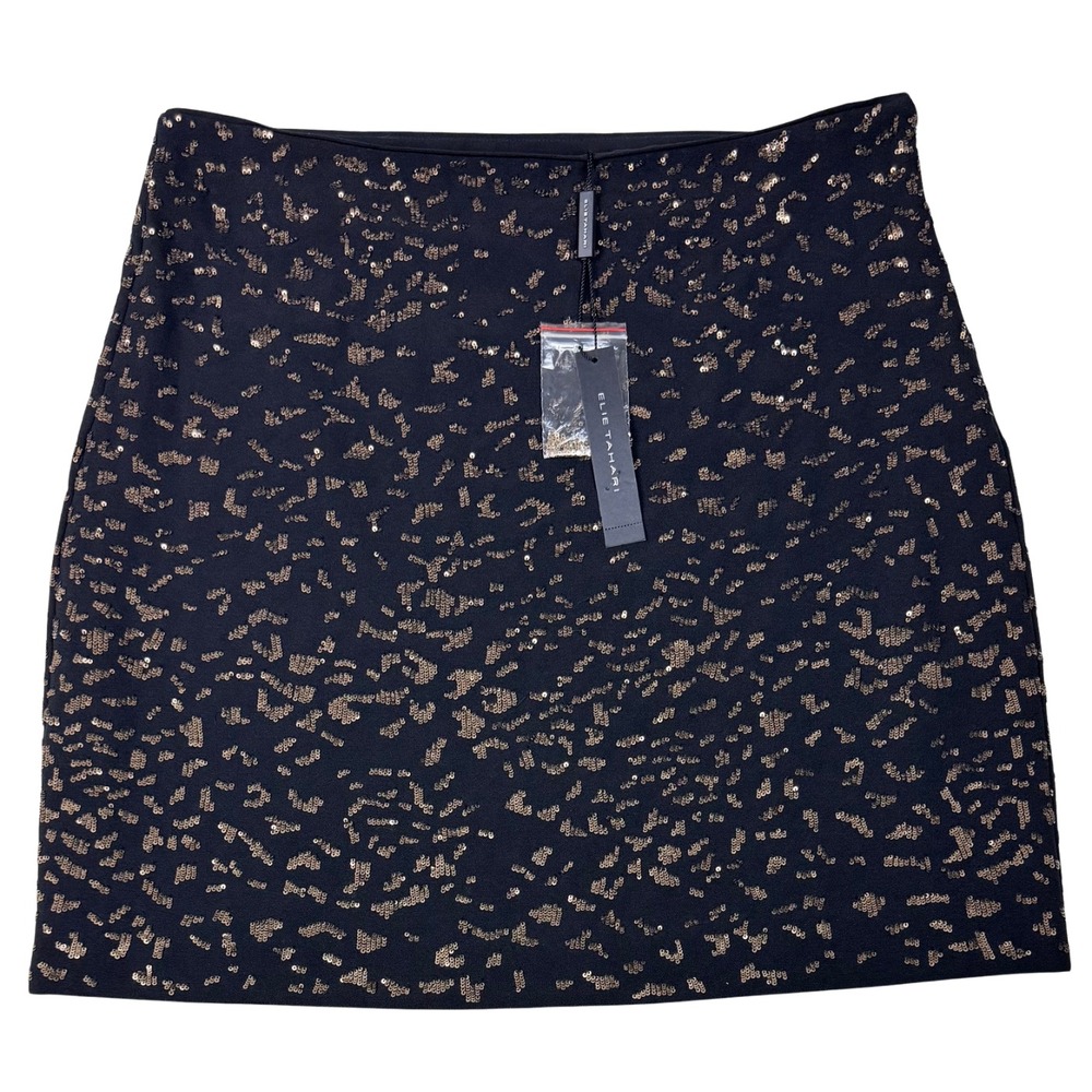 NEW Elie Tahari‎ Cici Skirt Womens Mini Sequined Lined Sz 12 Black Gold Evening